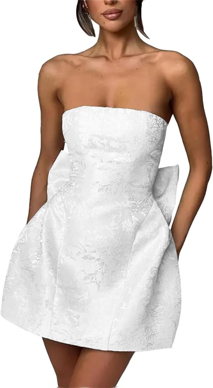 Embroidery Satin Short Prom Dress for Womens Straplesss Party Cocktial Homecoming Mini Gown with Bow Back