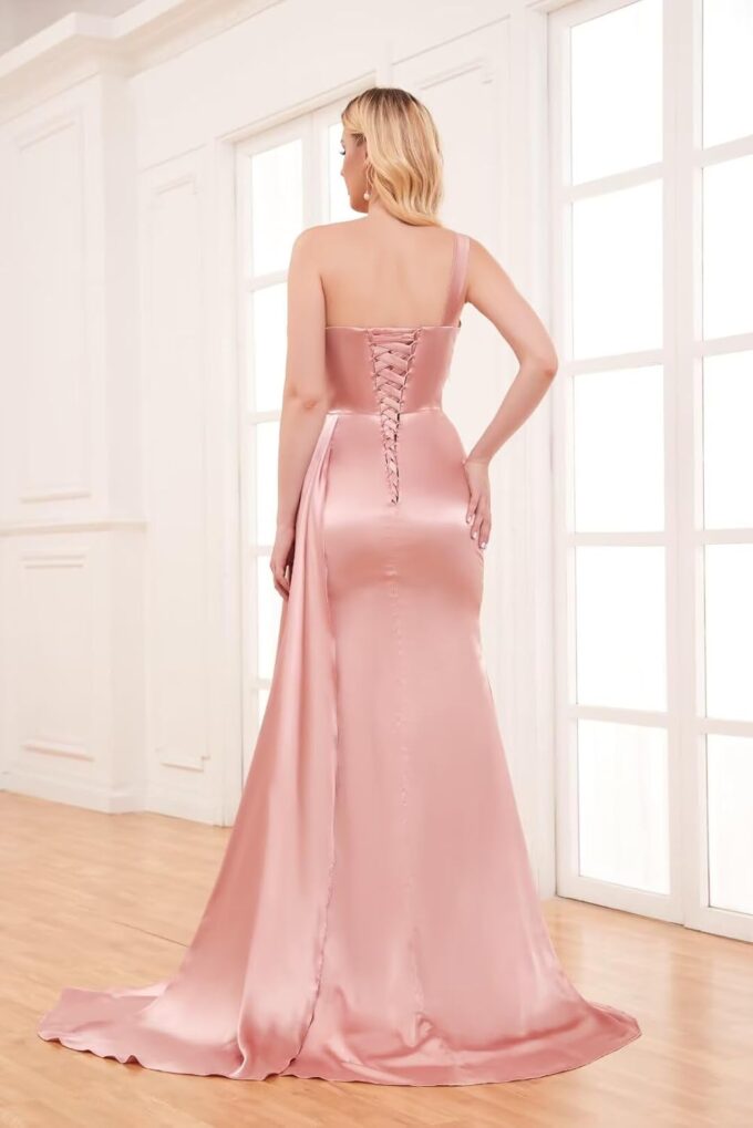 One Shoulder Bridesmaid Dresses Satin Mermaid Long Formal Dresses Pleated Prom Dress for Wedding Women – Bild 2