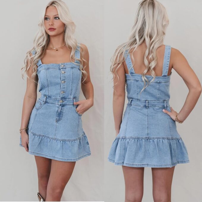 utcoco Womens 2025 Denim Dress Sleeveless Strap Slim Button A-Line Mini Jean Dresses with Pockets – Bild 2