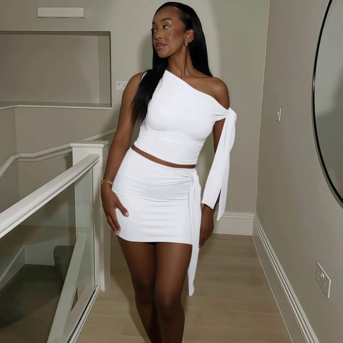 Two Piece Skirt Set for Women - Sexy 2 Pc Outfits Sleeveless One Off Shoulder Crop Top Bodycon Mini Skirts Skort Sets – Bild 6