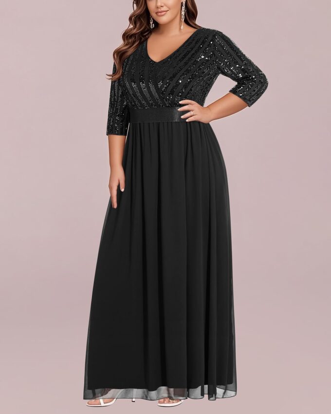 Womens Plus Size Formal Dresses - V Neck 3/4 Sleeve Sequin Prom Evening Gowns Long Maxi Dress – Bild 4