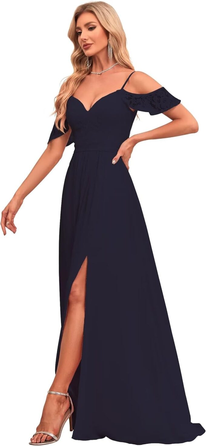 Women’s Ruffle Sleeve Bridesmaid Dresses with Pockets Pleated Chiffon Floor Length Formal Evening Gowns for Wedding.