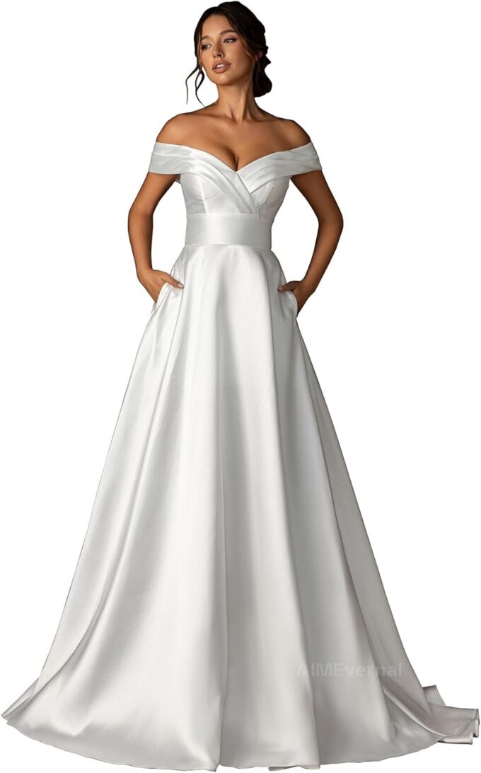 Woman Wedding Dress with Pockets，Off-Shoulder Bride Wedding Dress Shiny Satin Elegant Royal Style Simple Wedding Gown