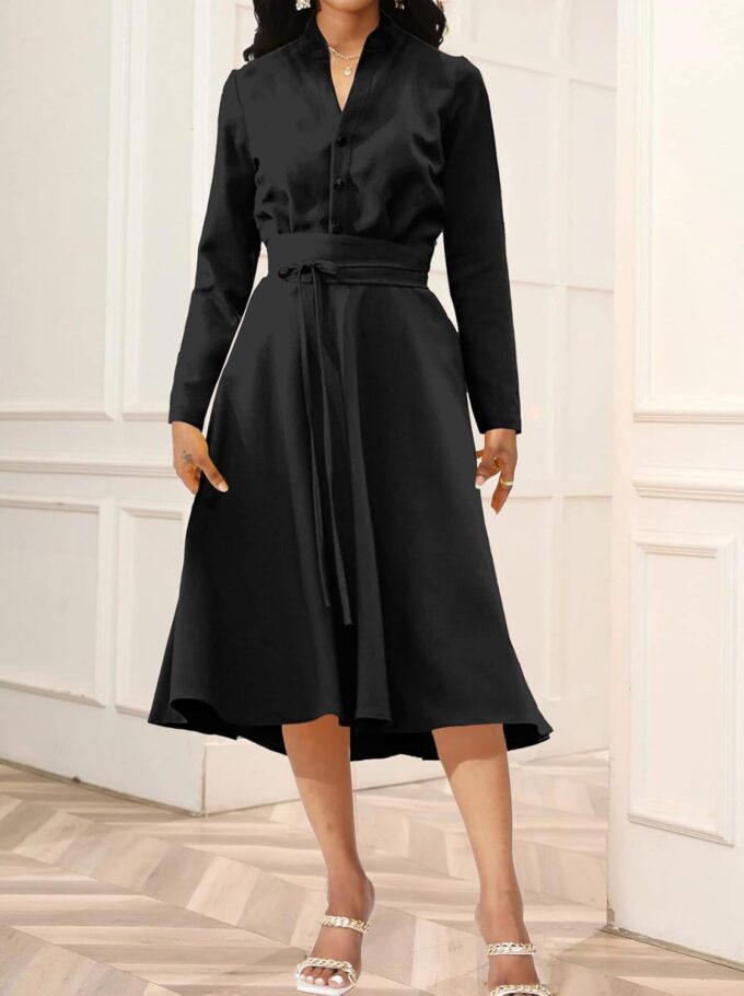 Yiershu Lässiges Damenkleid, langärmelig, modisch, V-Ausschnitt, schmale Passform – Bild 3
