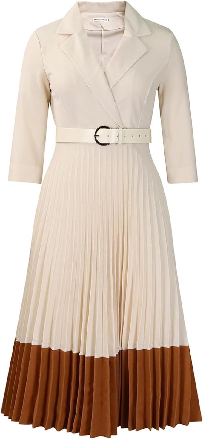 LVBOUSLTD Damen 3/4 Ärmel Plissee Kleid Midikleid mit Gürtel V Ausschnitt Business Elegante Kleider Formal Lady Dress