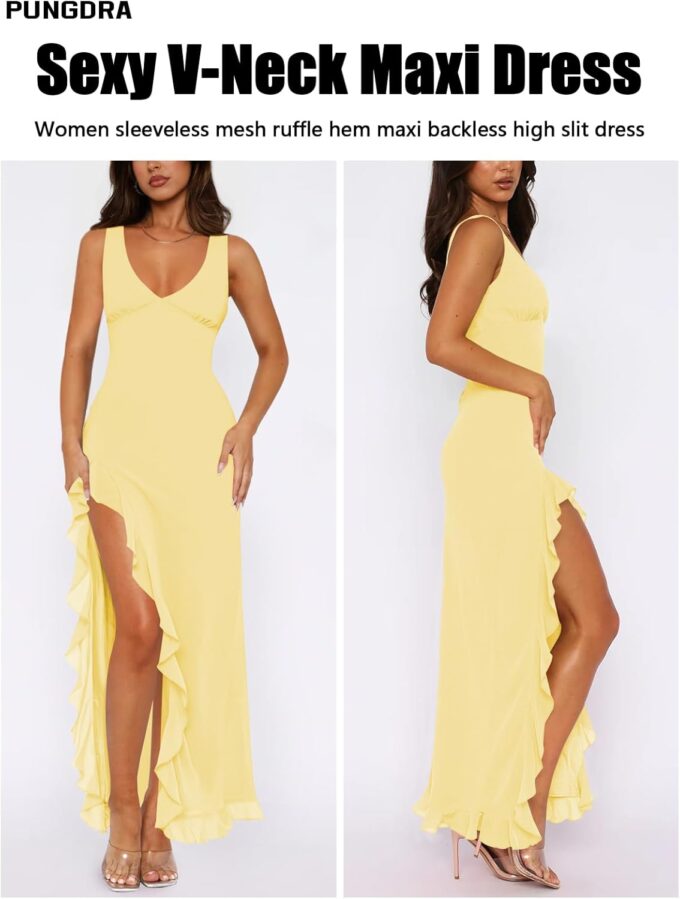 Women's Sexy V Neck Mesh Ruffles Hem High Slit Bodycon Maxi Dress for Women Formal Cocktail Wedding Guest Dresses – Bild 3