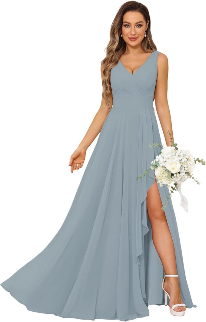 Women Chiffon Long Formal Wedding Guest Dresses with Pocket V Neck Sleeveless Ruched Maxi Bridesmaid Dress with Slit