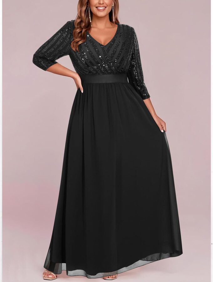 Womens Plus Size Formal Dresses - V Neck 3/4 Sleeve Sequin Prom Evening Gowns Long Maxi Dress – Bild 5