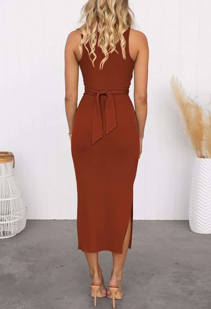 Duigluw Women's Summer Knit Sleeveless Crosscriss Cutout Ruched Bodycon Midi Dress with Slit – Bild 3