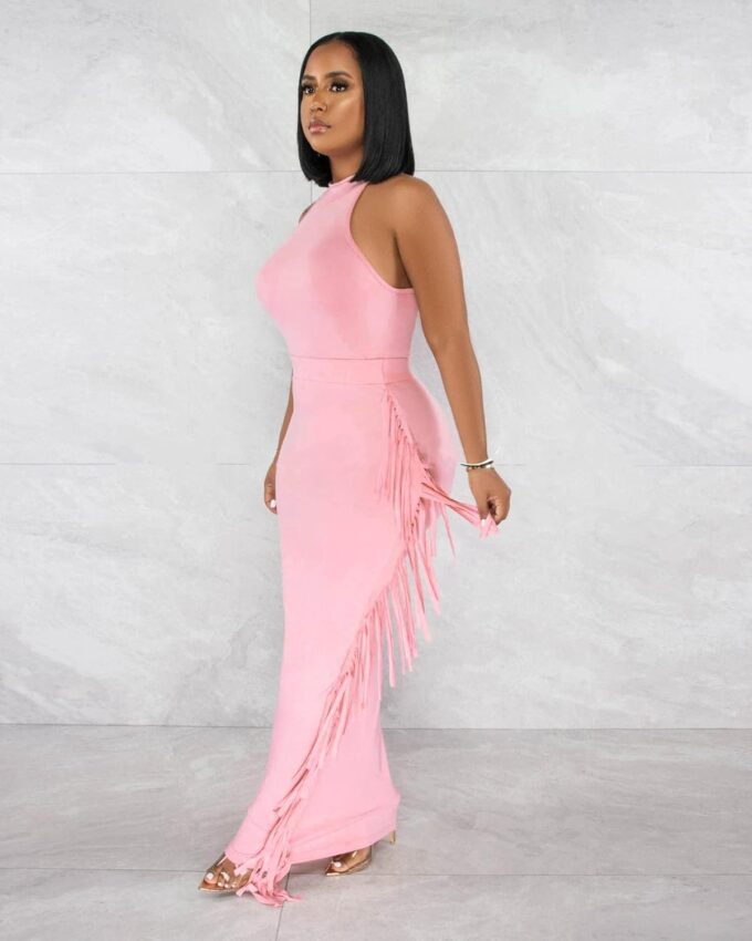 2 Piece Outfits for Women Sexy Halter Neck Sleeveless Crop Tops Ruched Bodycon Dresses Jumpsuits Fringe Skirt Sets – Bild 3