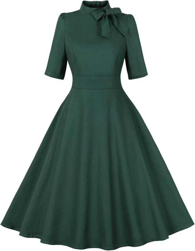 ODIZLI 1950's Dresses for Women Rockabilly Dresses Retro Dress Short Sleeve Tie Neck Swing Dress Cocktail Dress