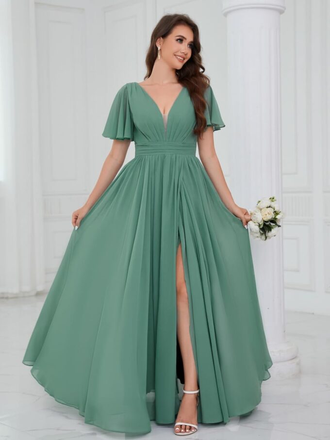 V Neck Chiffon Bridesmaid Dress with Slit Flutter Sleeve Chiffon Pleated Formal Prom Dresses for Women – Bild 3