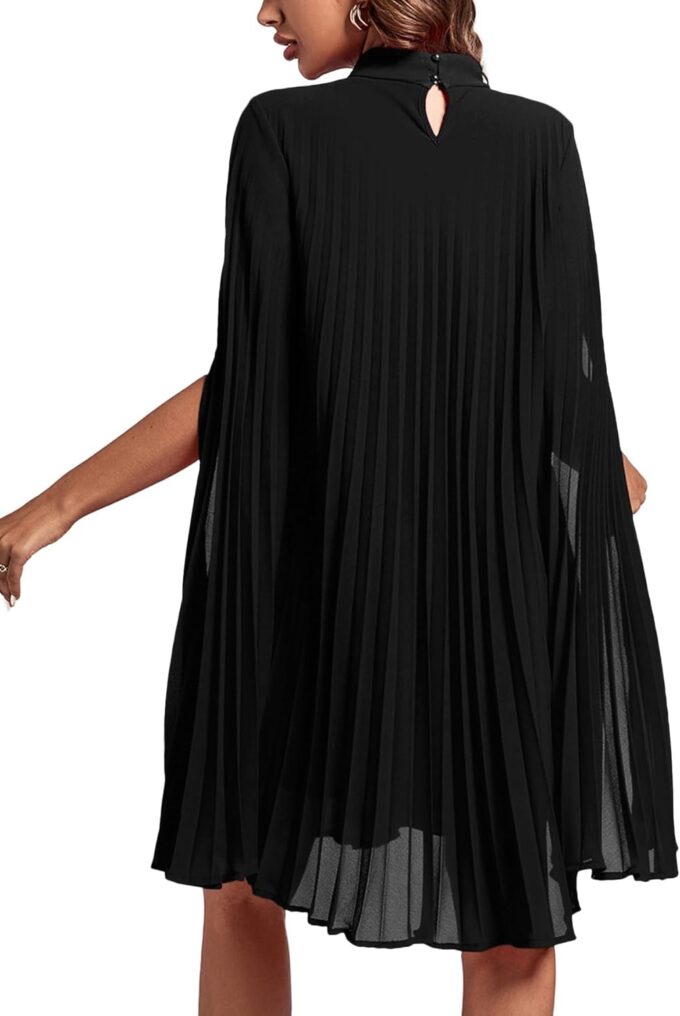 Rooscier Women's Mock Neck Cloak Sleeve Pleated Keyhole Back Flowy Party Midi Dress – Bild 3