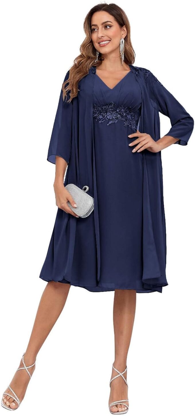 BONOYUER 2 Piece Mother of The Bride Dresses for Wedding with Jacket Lace Applique Formal Wedding Guest Dress