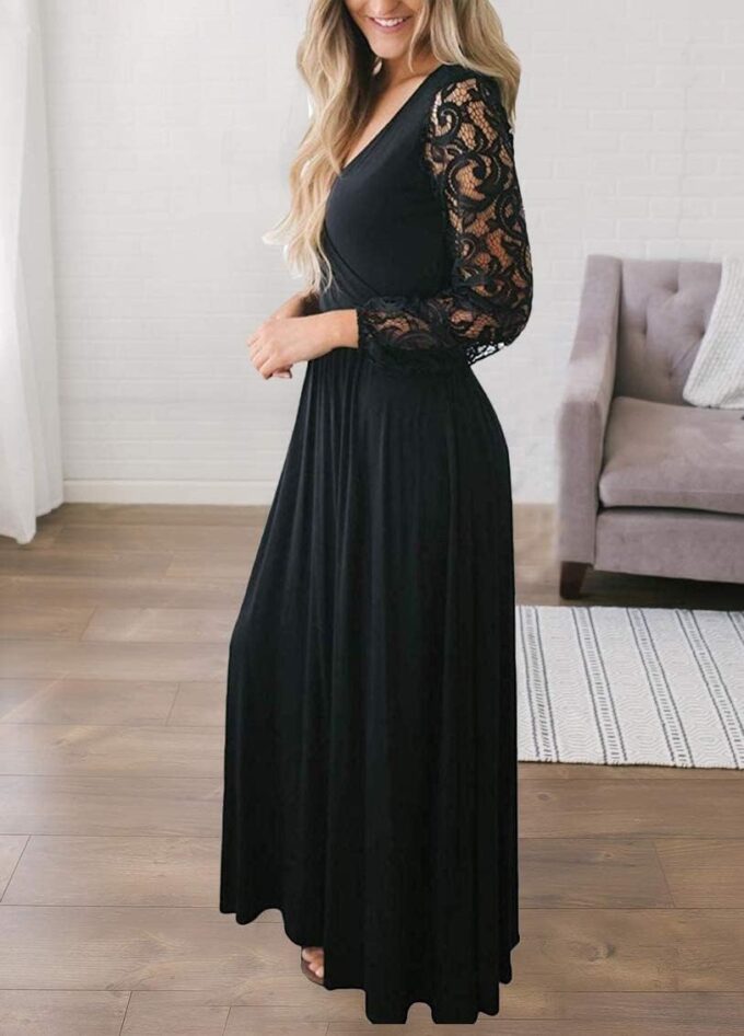 Kranda Womens Vintage Floral Lace Long Sleeve Faux Wrap V Neck Party Long Maxi Dress – Bild 2
