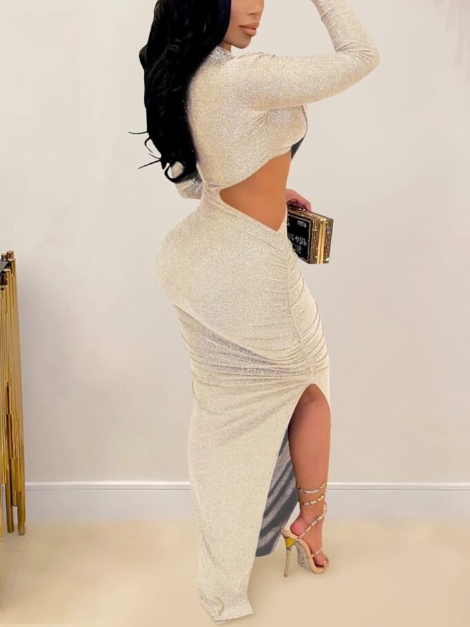 Famnbro Women's Sparkly Cut Out Dresses Wrap Ruched Bodycon High Split Cocktail Party Maxi Dress – Bild 3