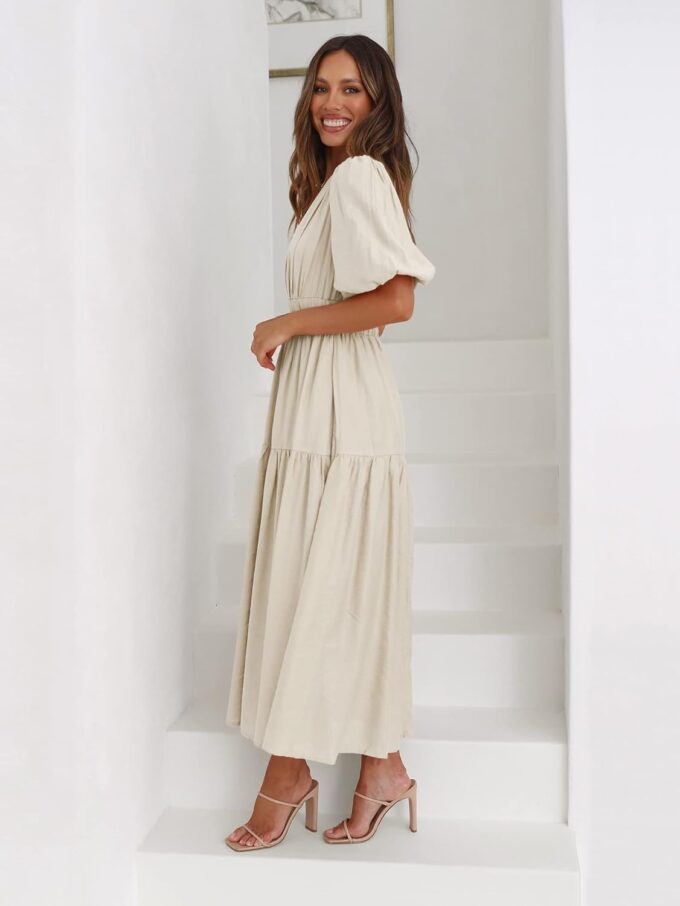 Womens Deep V Neck Puff Short Sleeve Tired Maxi Dress Flowy Swing Long Summer Dresses – Bild 7