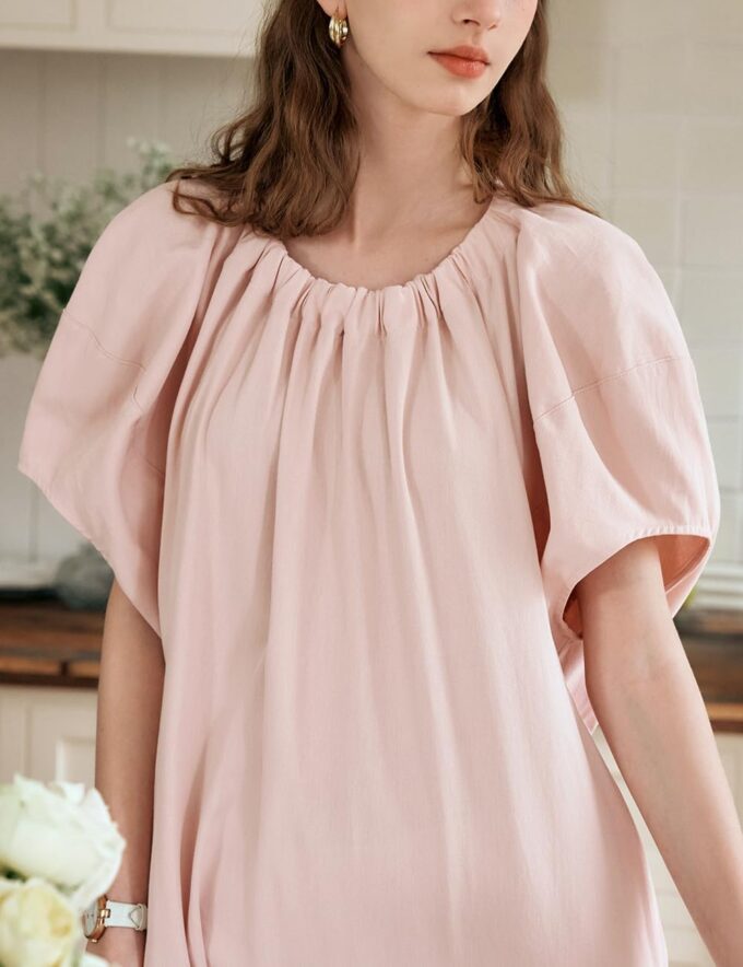 Women's Light Pink Long Dress, Pleated Round Neck Puff Sleeve Loose Summer Casual Midi Dress with Pockets – Bild 4