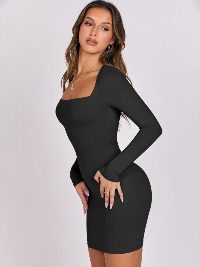 ANRABESS Women Long Sleeve Square Neck Sexy Bodycon Tight Cocktail Party Club Night Formal Short Dress 2025 Going Out Outfits – Bild 4