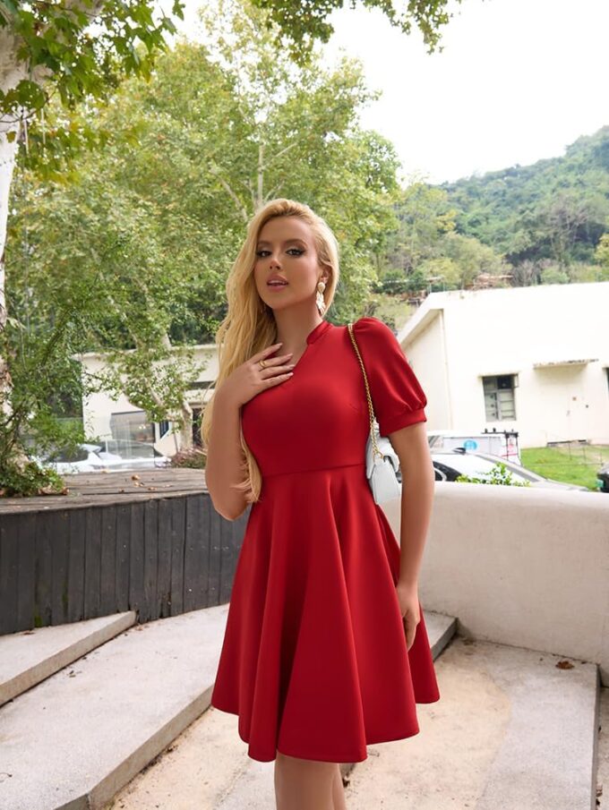 XXTAXN Womens Sexy Short Sleeve V Neck High Waist Cocktail A Line Midi Swing Dress – Bild 5