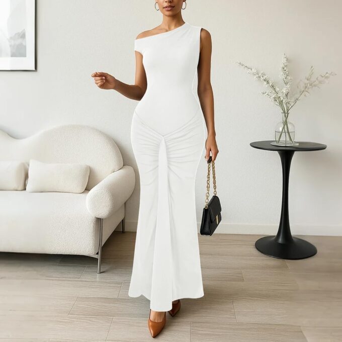 Women Summer Bodycon Ruched Maxi Dress Sleeveless Boat Neck Casual Long Cocktail Dress – Bild 2