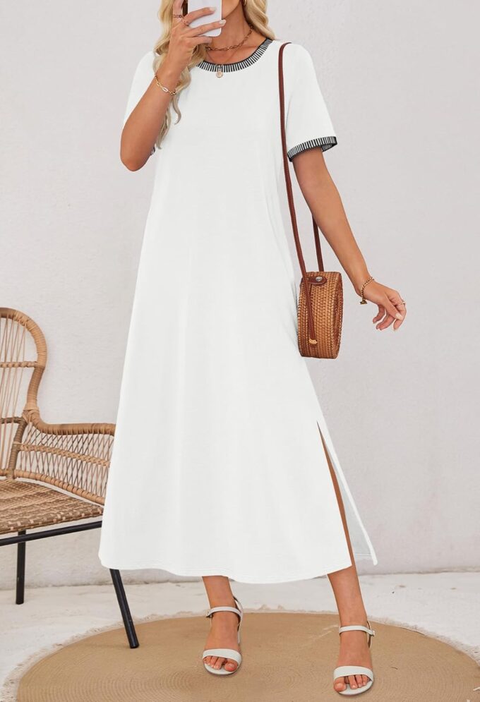MEROKEETY Women's 2025 Summer Casual Maxi Dress Spring Beach Vacation Short Sleeve Crewneck Split Midi T Shirt Dresses – Bild 5