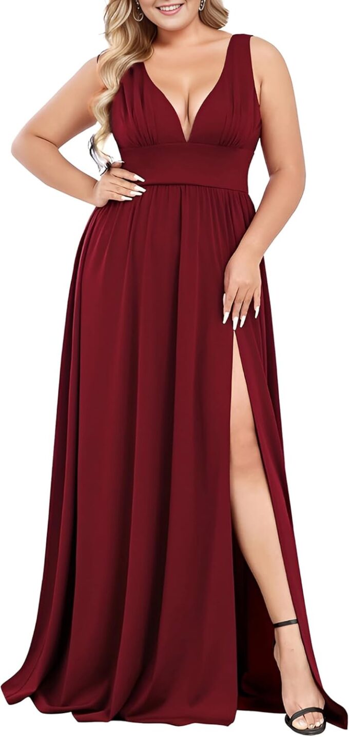 Ever-Pretty Plus Women's V Neck Sleeveless Side Slit Pleated Plus Size Summer Floor Length Formal Dresses Bridesmaid Gowns