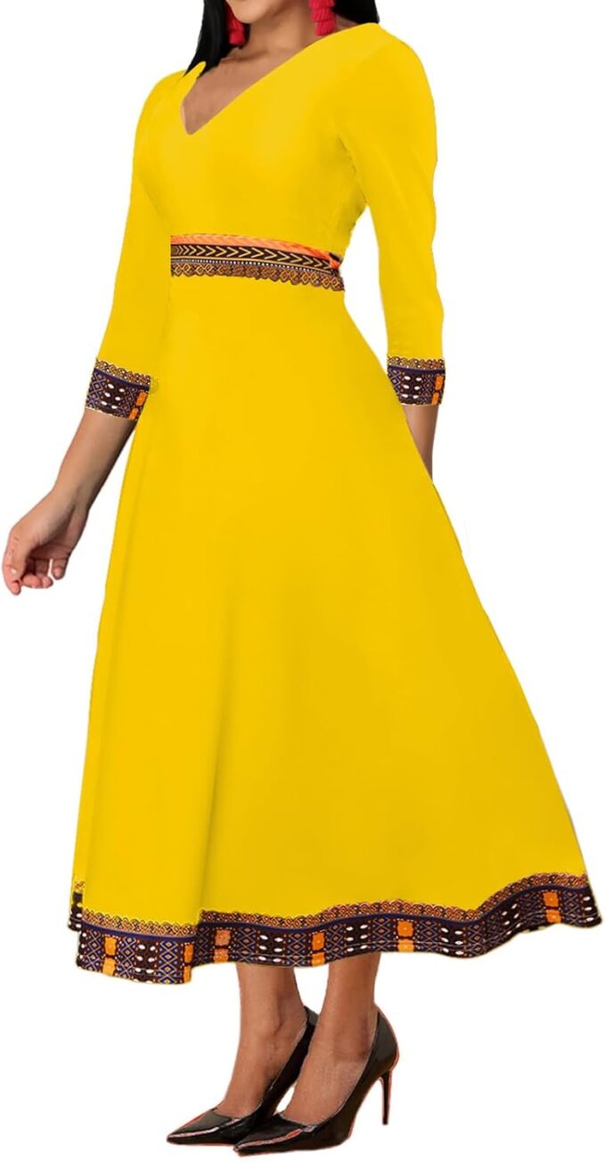 African Dresses for Women Elegant V Neck 3/4 Sleeve Casual Long Maxi African Attire Dress – Bild 2