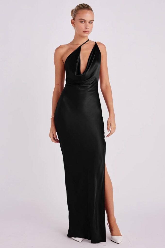 Memoriesea Women's Low Cut Cowl Neck Open Back Tie Up Cocktail Party Maxi Dress – Bild 4