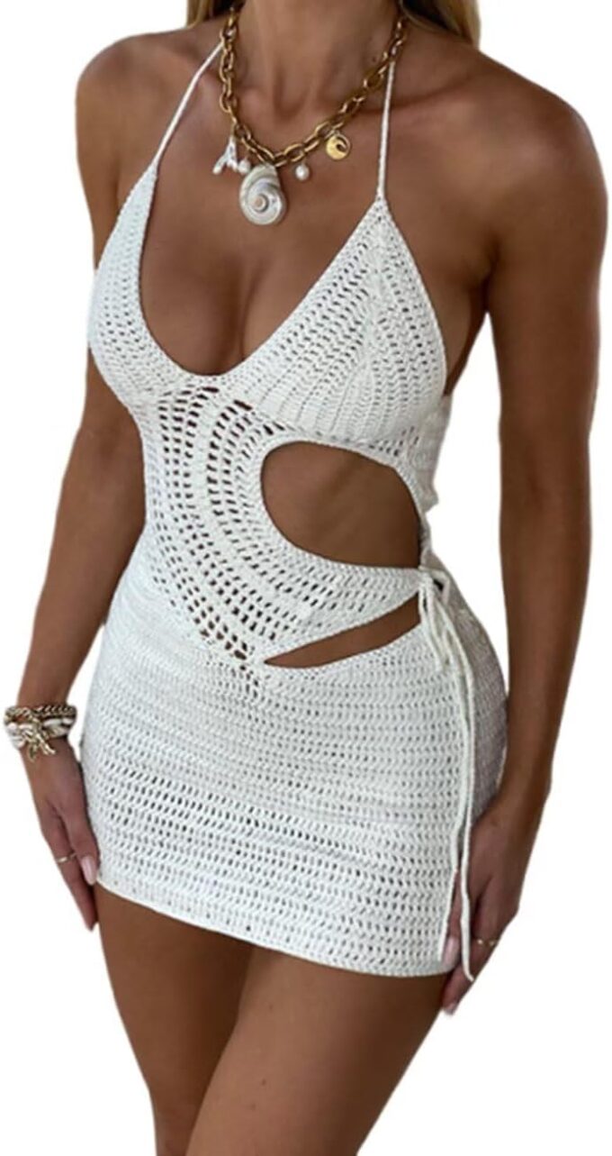 Knitted Halter Hollow Out Cover Up Dress Sunmmer Sexy Bandage Cutout Dress V-Neck Crochet Beach Dress