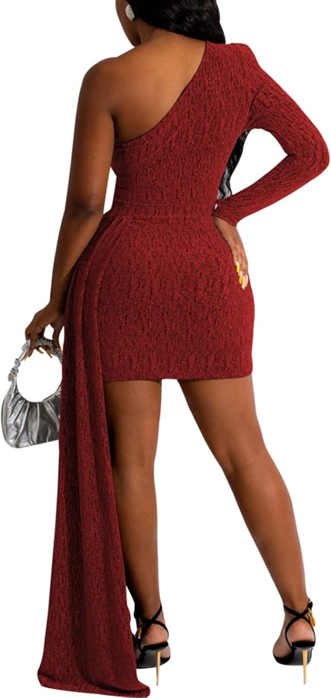 ZonJie Women Casual Solid Dress Sexy Off Shoulder Long Sleeve Elegant Bodycon Long Formal Sparkle Glitter Party Club Dress – Bild 4