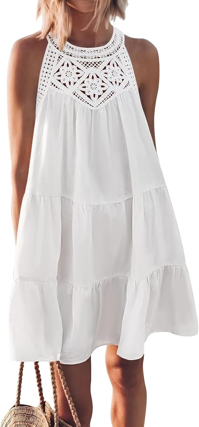 MEROKEETY Women's Summer Spring Casual Halter Sundress 2025 Beach Vacation Flowy A Line Tiered Swing Mini Dresses