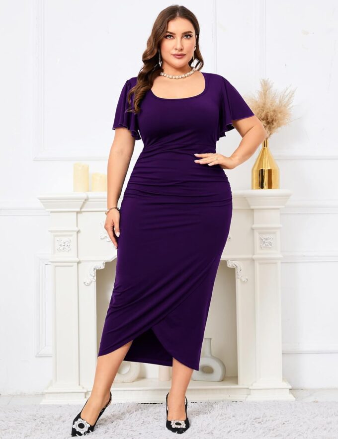 ZOMVA 2024 Plus Size Cocktail Dress Comfortable Bell Sleeves Wedding Guest Square Neck Semi Formal – Bild 3