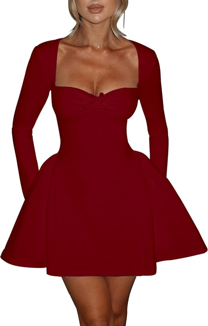 BORIFLORS Women's Sexy Corset Mini Party Dresses Elegant Ruched Long Sleeve Cocktail Short Dress