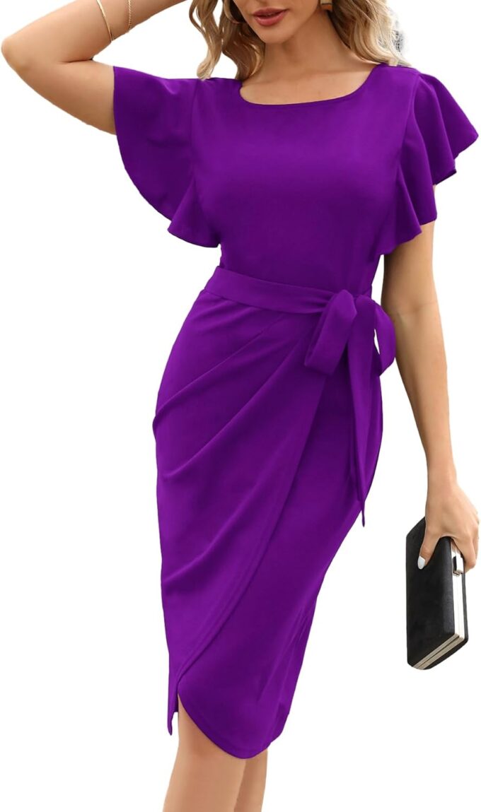 HELYO Damen Elegant V-Rücken Rüschen Ärmel Etuikleider Gürtel Rüschen Elegant Casual Arbeit Cocktail Party Kleid