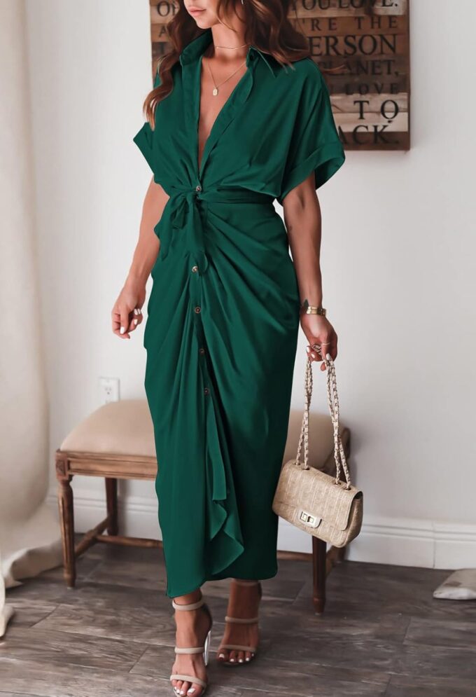 Women Elegant Satin Button Down Short Sleeve Maxi Shirt Dress with Belt – Bild 2