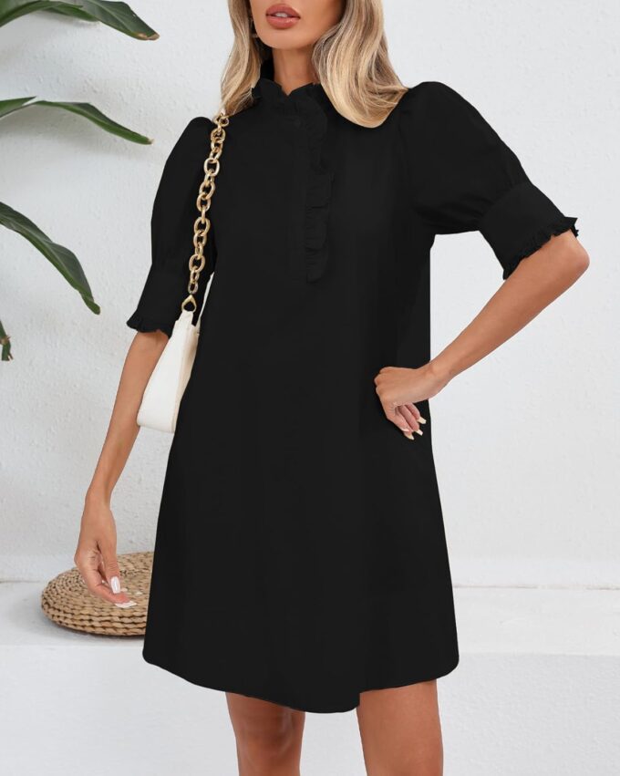 Women's Puff Short Sleeve Stand Ruffle Collar Summer Dress Casual A Line Shift Mini Dress with Pockets – Bild 7