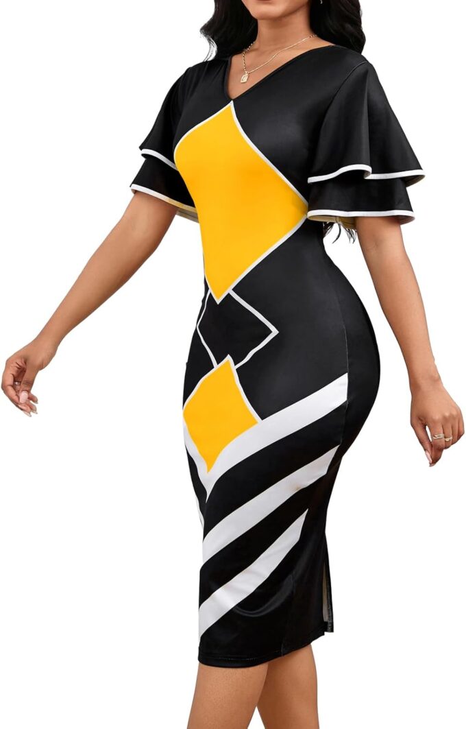 VisiChenup Women's Sexy African Pencil Dress Ruffles Sleeve Bodycon Midi Dresses – Bild 3