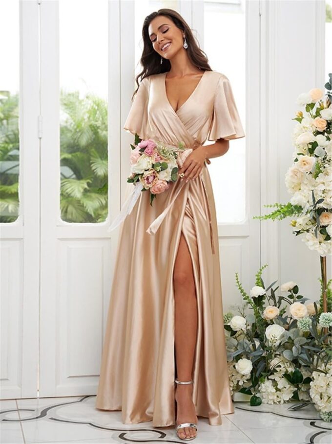 YMSHA Pleated V Neck Satin Bridesmaid Dresses with Sleeves Side Slit Formal Party Dress YMS170 – Bild 5