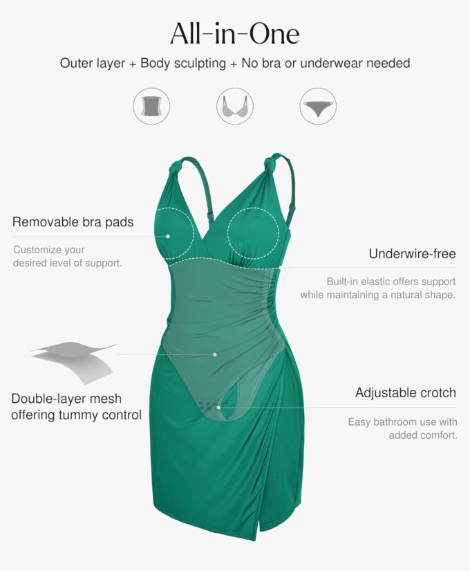 Popilush Green Dresses for Women Built in Shapewear Thong Side Slit Party Club Dress V Neck Summer Cocktail Dresses – Bild 4