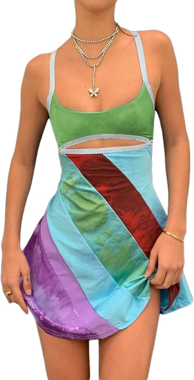 Women’s Bodycon Mini Dress Y2K Halter Backless Sundress Slim Fit Sleeveless Patchwork Printing Streetwear