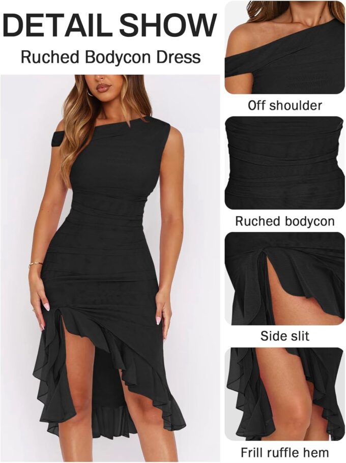 Women Sleeveless One Shoulder Bodycon Midi Dress Summer Side Slit Mesh Irregular Ruffle Cocktail Dress for Women – Bild 3