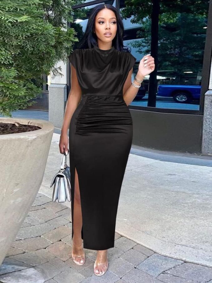 AOMEI Women's Cap Sleeve High Waist Ruched Slit Slim Elegant Long Satin Formal Dress – Bild 2