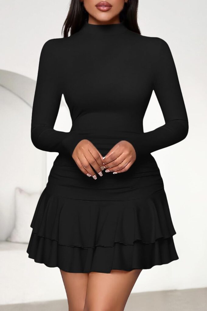 PRETTYGARDEN Women's Fall Long Sleeve Dresses 2025 Mock Neck Ruched Y2K Clothes Ruffle Layered Bodycon Mini Party Dress – Bild 3