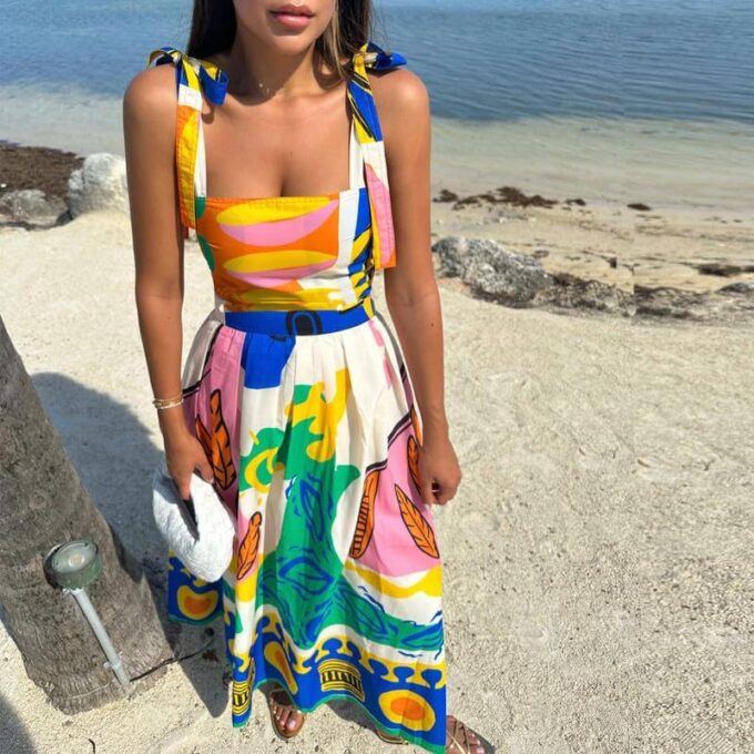 NUFIWI Women Boho Graffiti Cami Long Dress Graphic Spaghetti Strap Flowy Maxi Dress Square Neck Colorful A Line Sundress – Bild 3