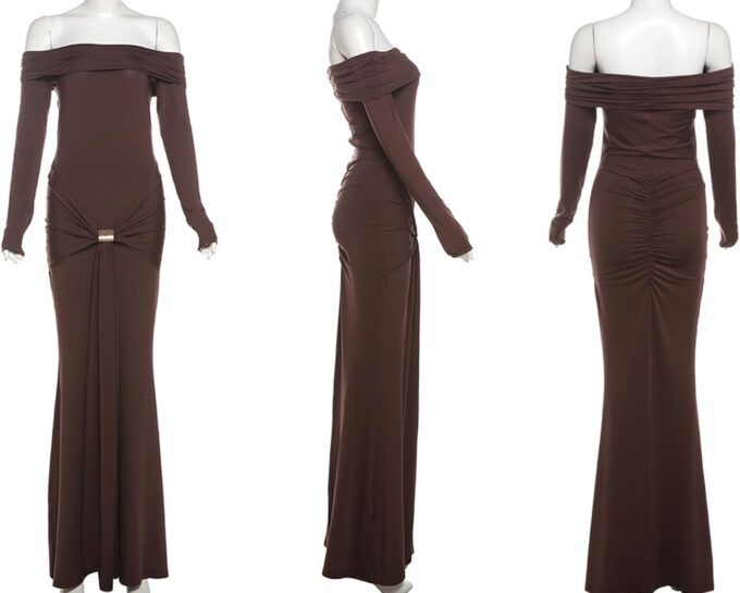 Unybwonn Sexy Off Shoulder Maxi Dress for Women Bodycon Stretchy Long Sleeve Wrap Dresses Party Cocktail Mesh Dresses – Bild 6