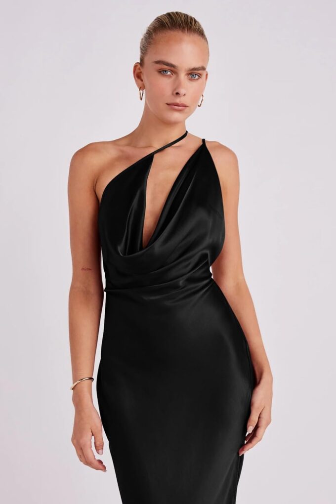 Memoriesea Women's Low Cut Cowl Neck Open Back Tie Up Cocktail Party Maxi Dress – Bild 3