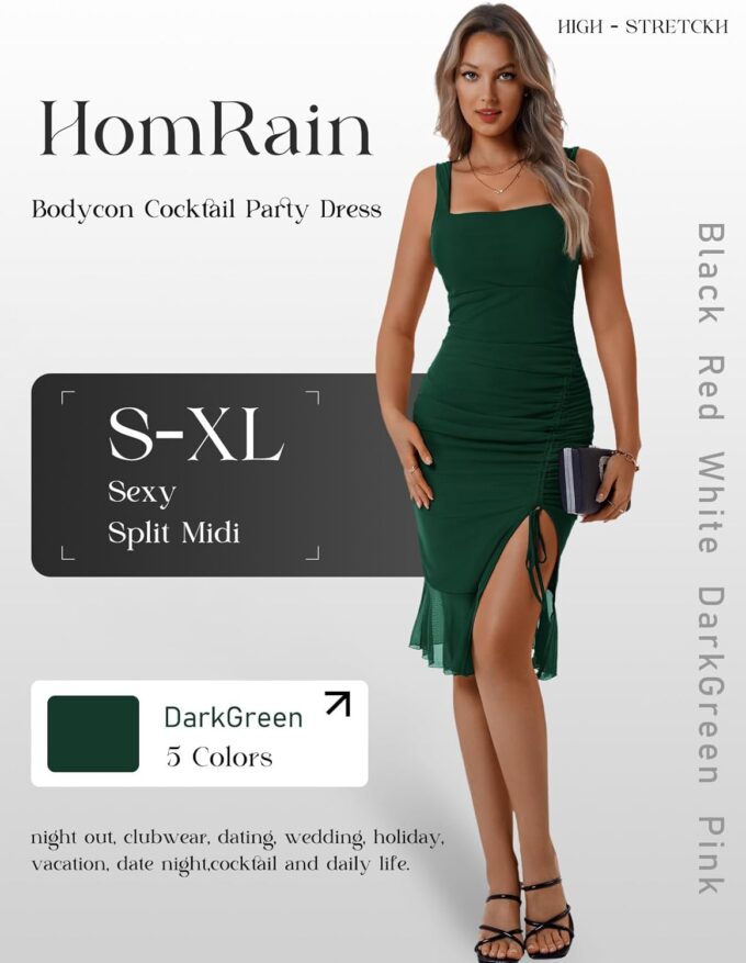 HomRain Women's Sexy Ruched Bodycon Midi Dresses Square Neck Sleeveless Ruffle Hem Cocktail Party Dresses – Bild 6