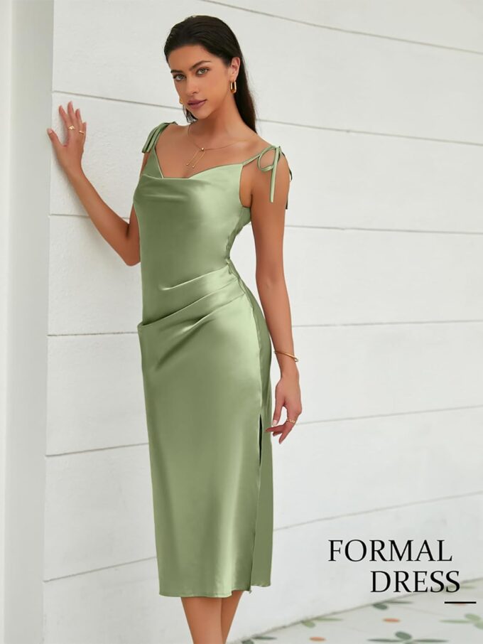Women's Spaghetti Strap Midi Satin Slik Dress Cowl Neck Elegant Long Slip Ruched Evening Dress Party Cocktail – Bild 7