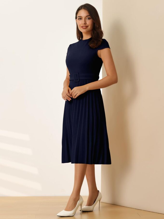 Women's Pleated Dress Mock Neck Cap Sleeve Belted A-Line Dresses – Bild 3